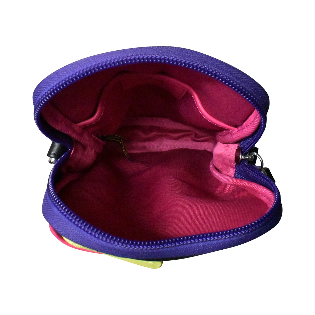 Purple pouch with colorful zipper tab on a white background