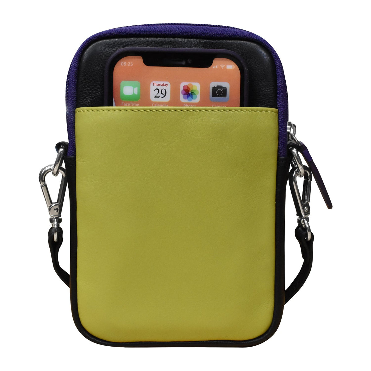 Yellow crossbody bag with a phone case on a white background