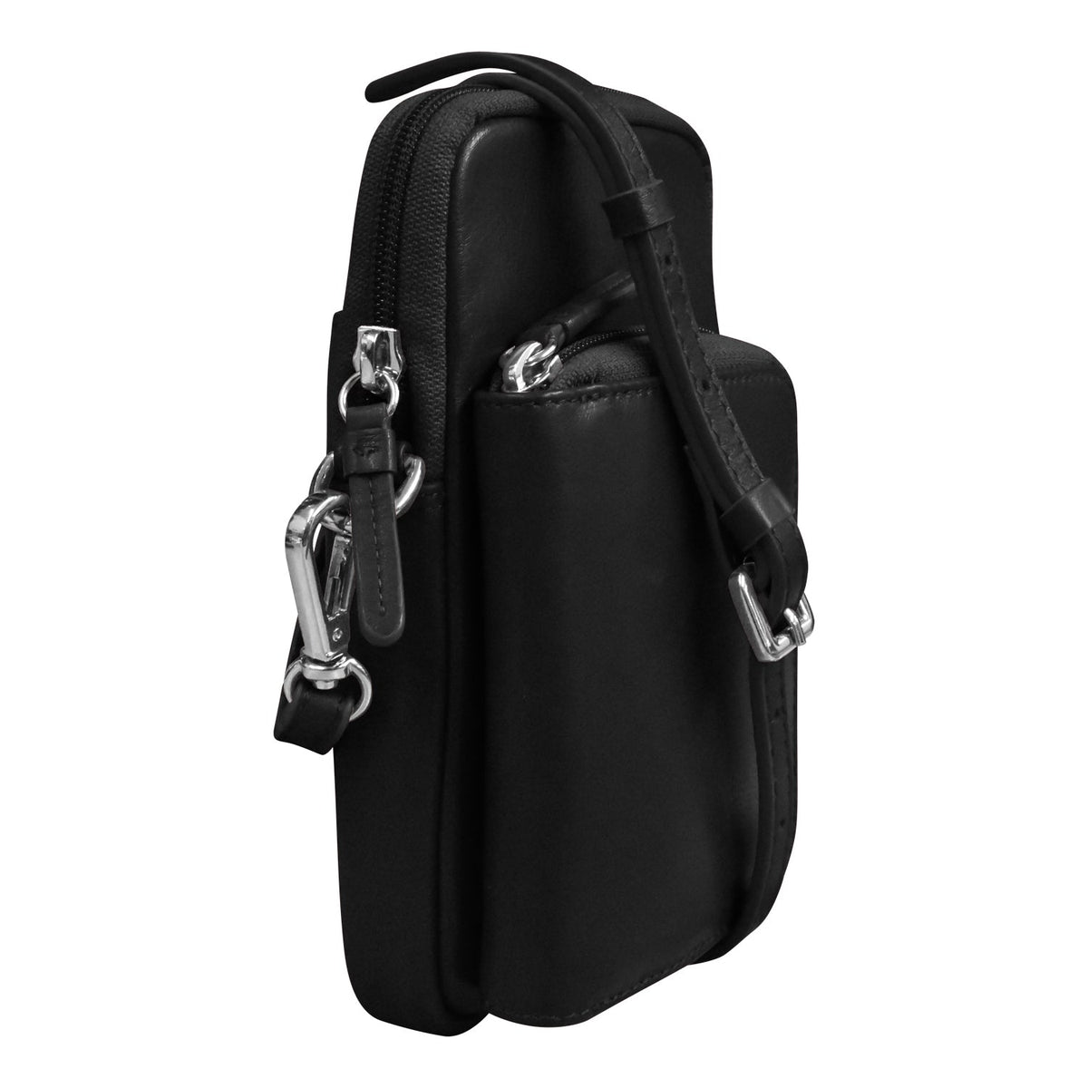 Black leather crossbody bag with silver zippers on a white background