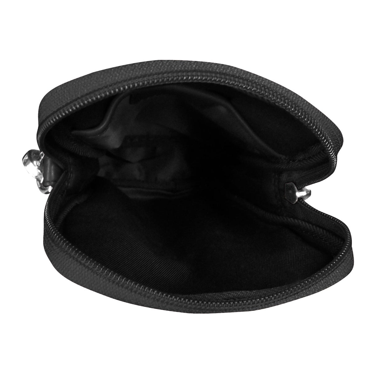 Black zippered pouch on a white background