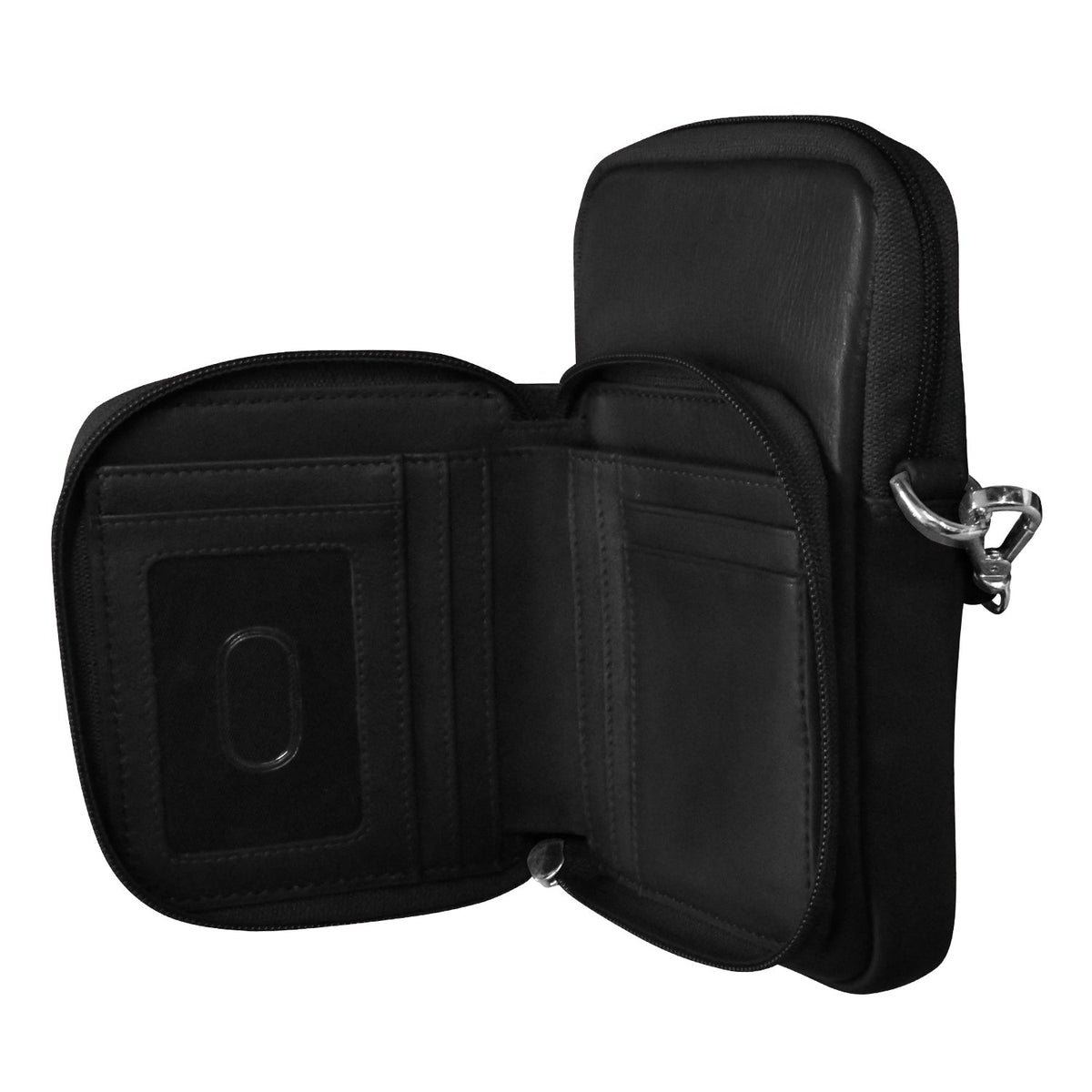 Black leather crossbody bag with multiple pockets on a white background