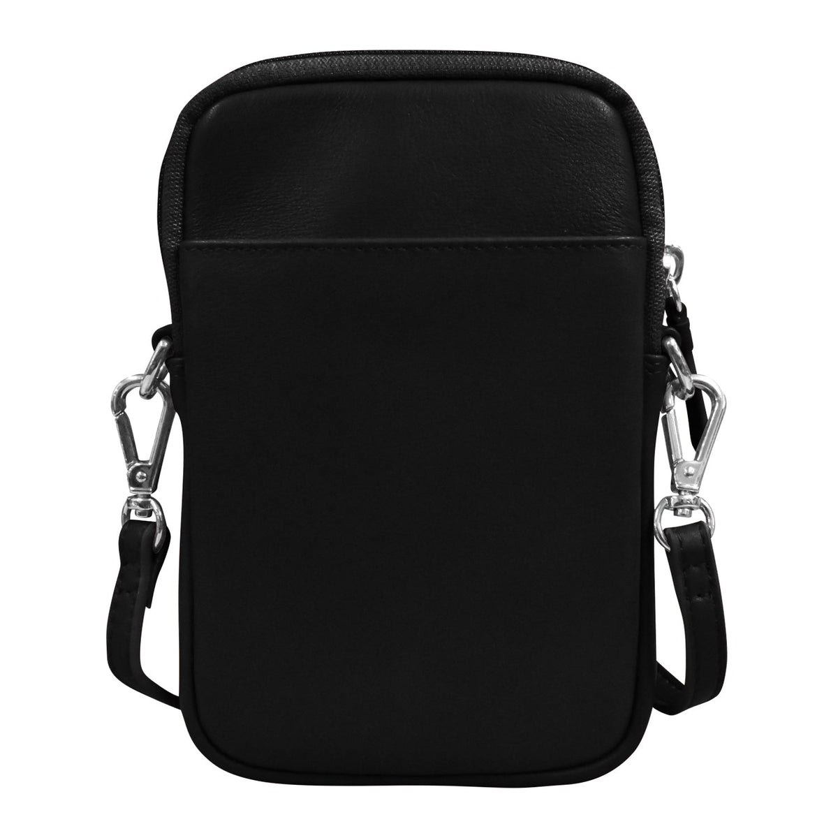 Black crossbody bag with silver hardware on a white background