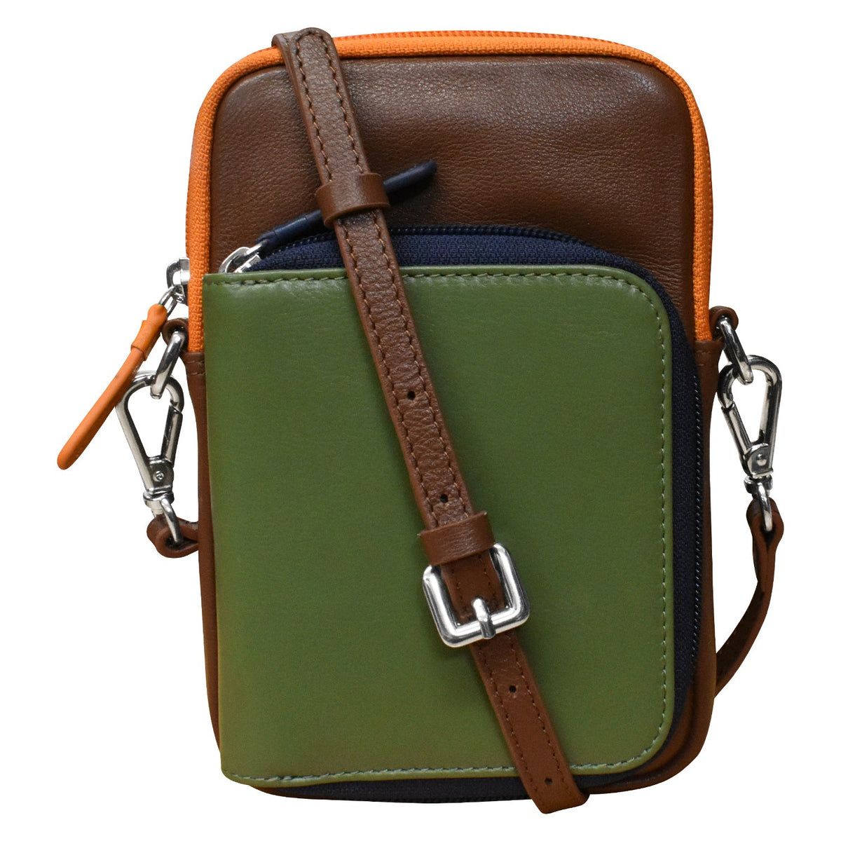 Multicolored crossbody bag with green front pocket and brown strap on a white background