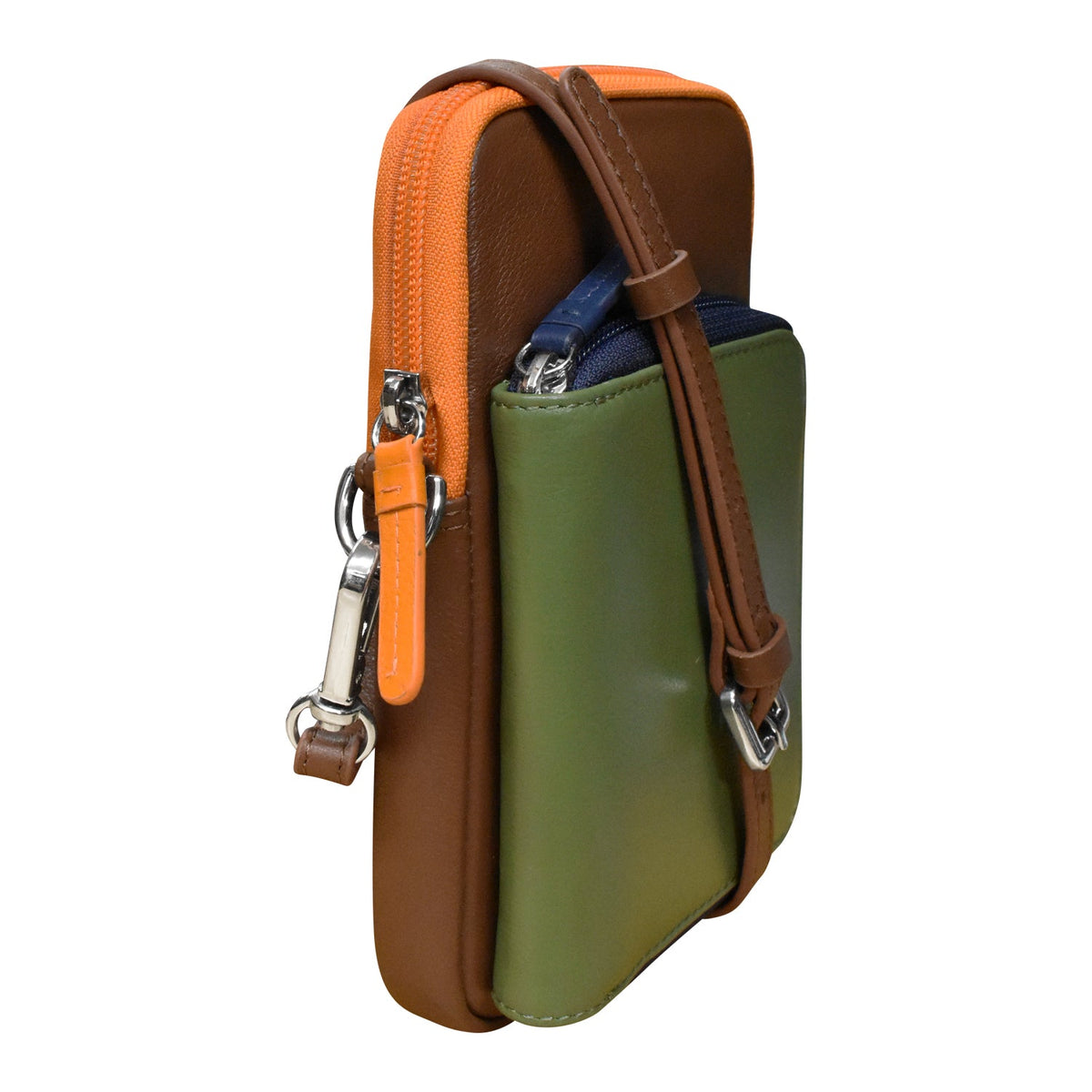 Multicolored pouch with orange, brown, and green sections on a white background