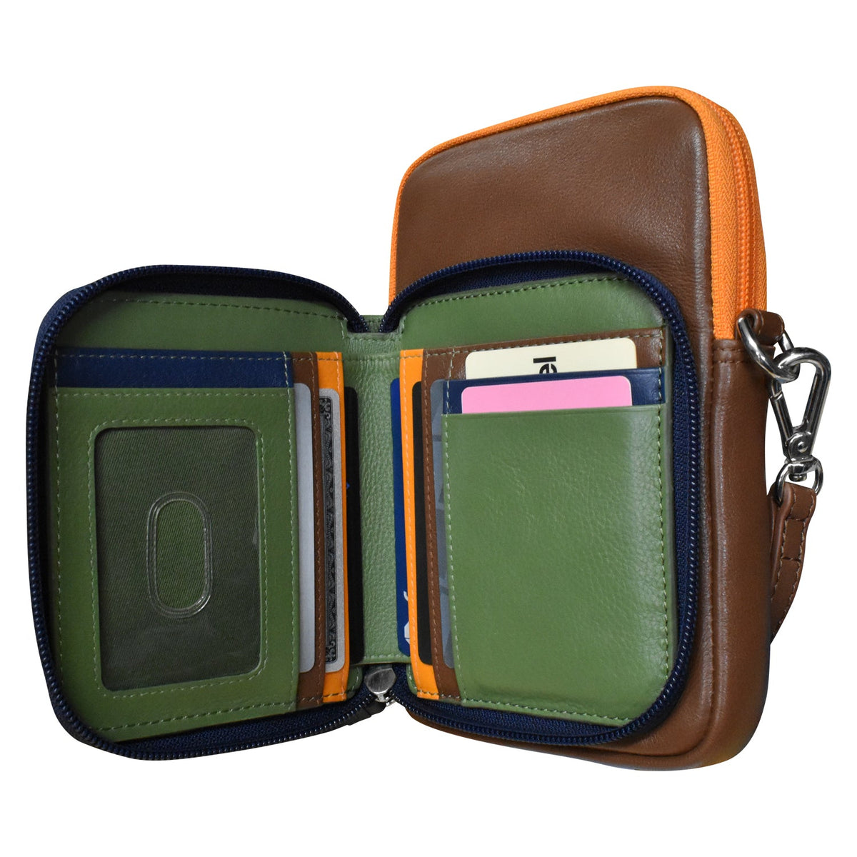 Open leather wallet with card slots on a white background