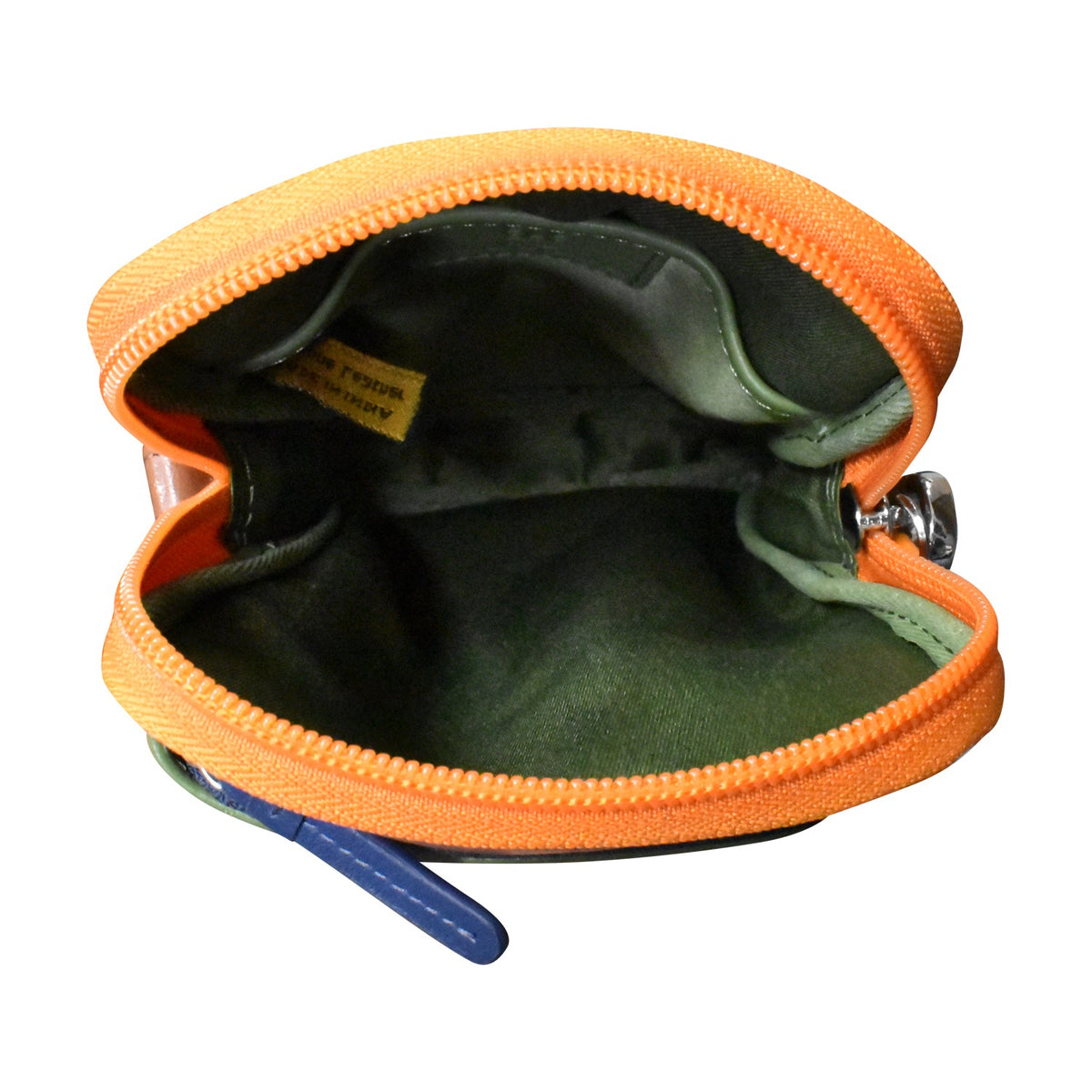 Open orange pouch with green interior on a white background