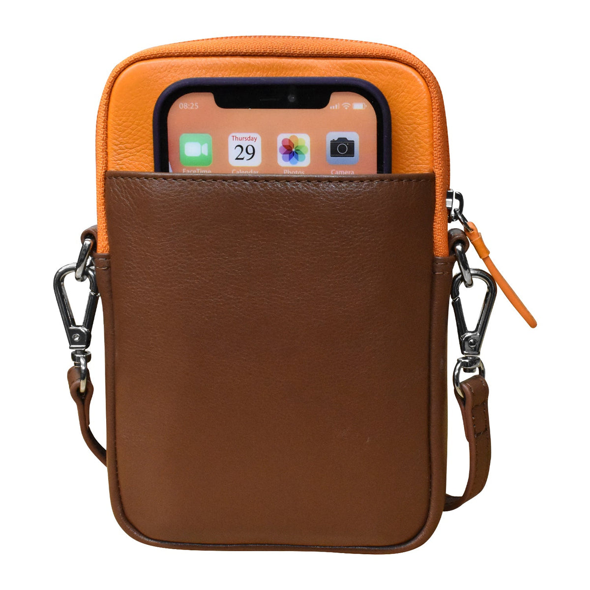 Brown leather crossbody bag with orange top section on a white background