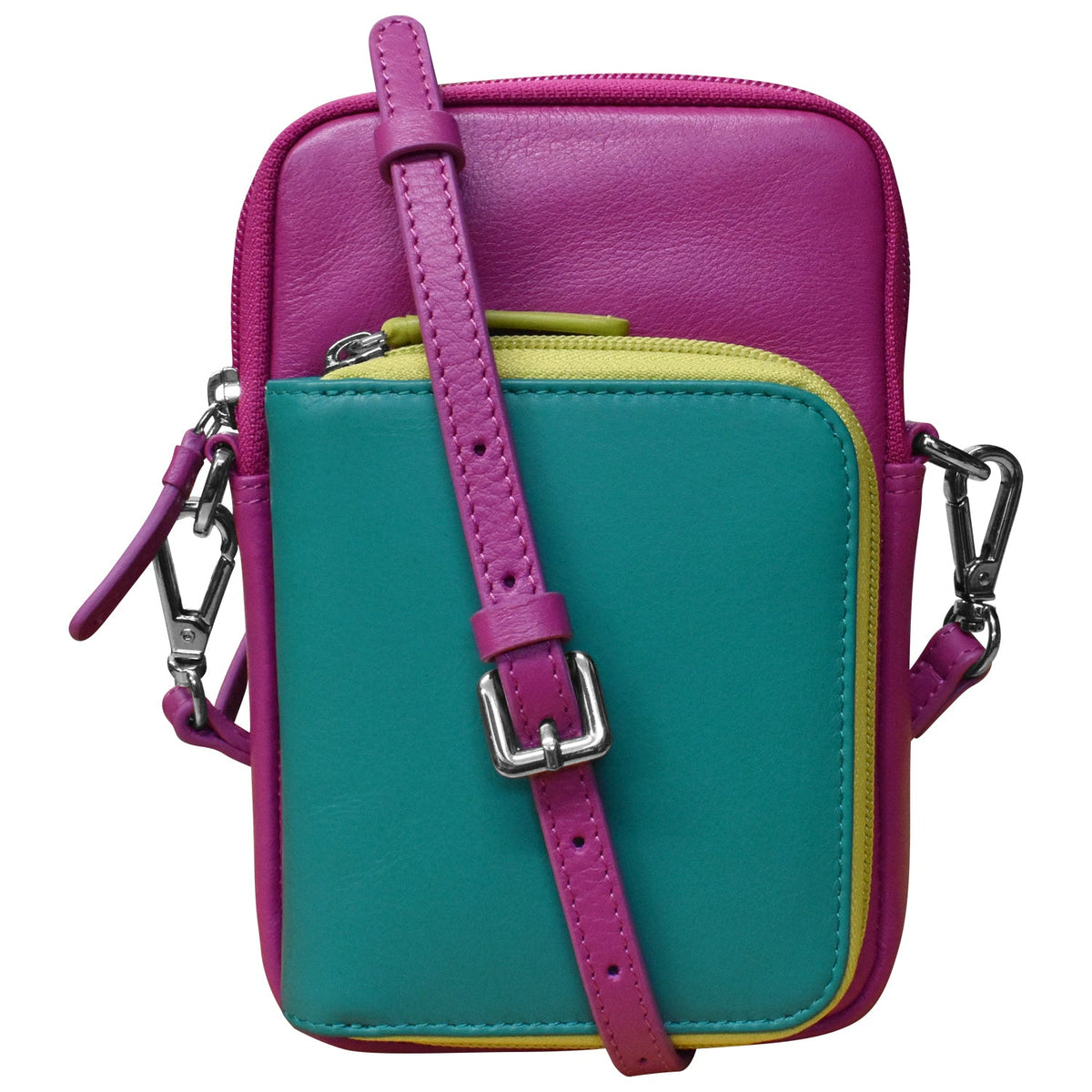 Multicolored leather crossbody bag with purple strap on a white background