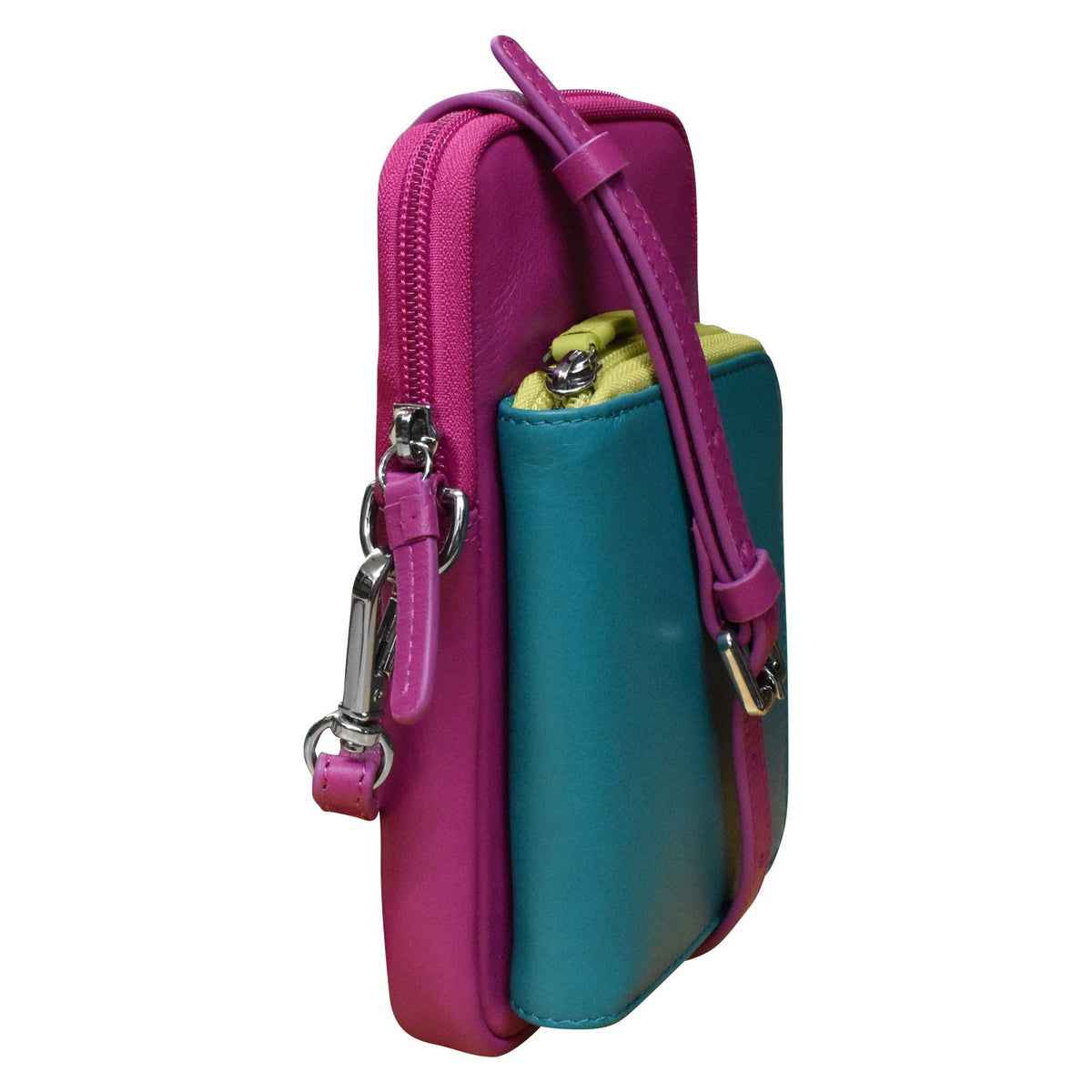 Two-tone pink and teal crossbody bag on a white background