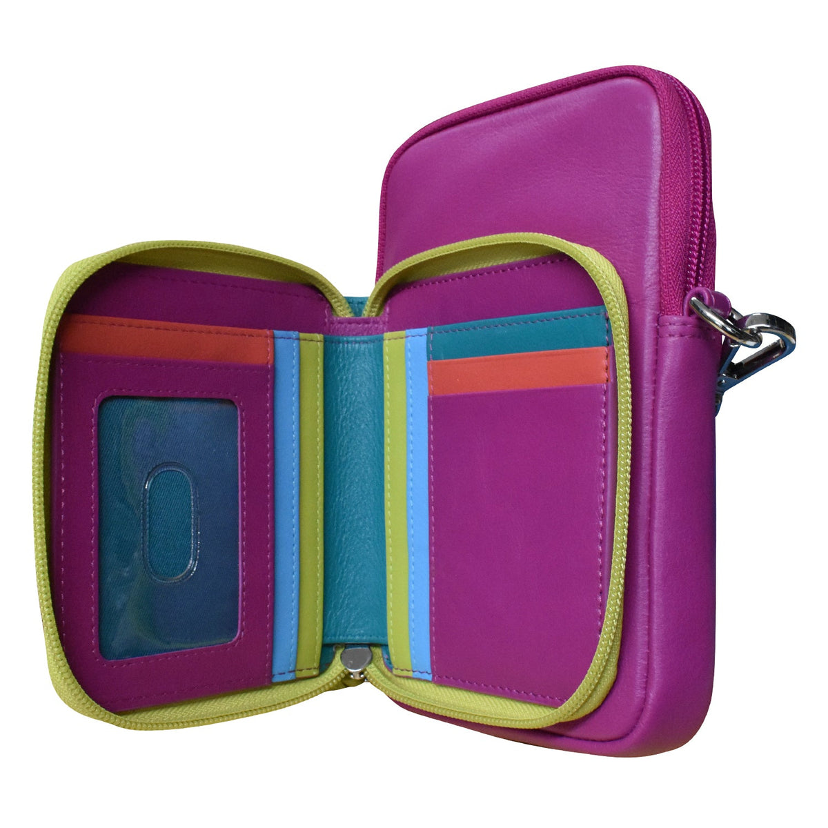 Purple wallet with colorful interior on a white background
