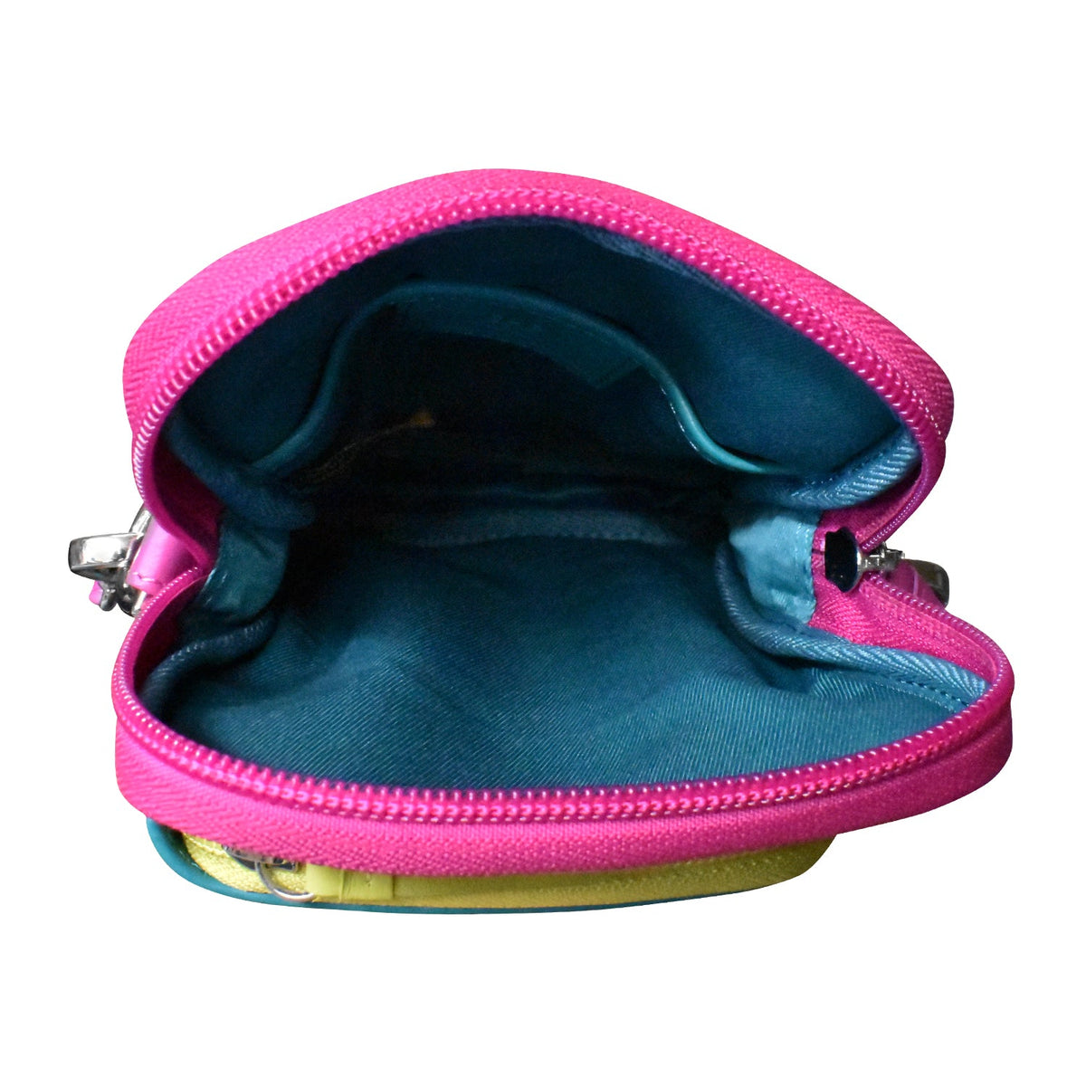 Open pink pouch with blue interior on a white background