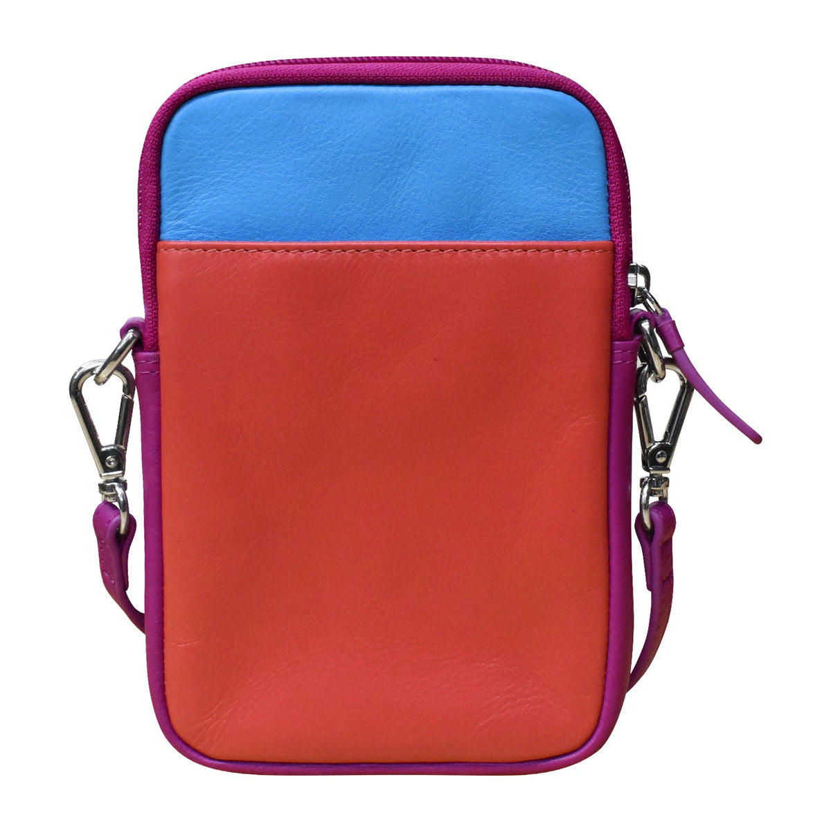 Multicolored pouch with a blue top section and red bottom section on a white background