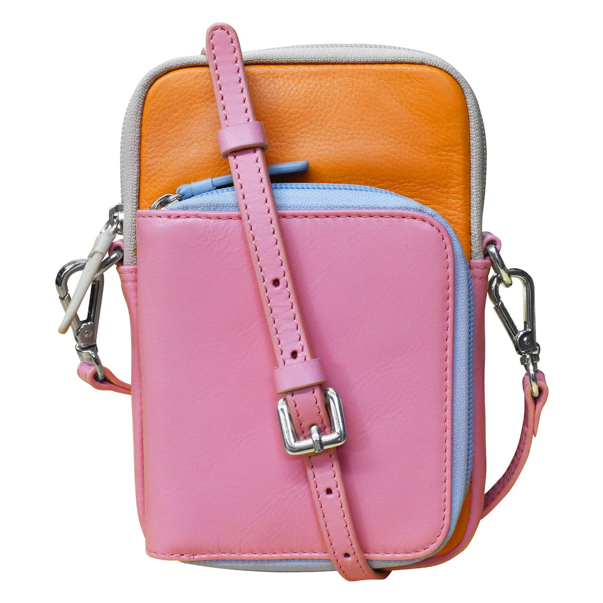 Pink crossbody bag with an orange interior on a white background