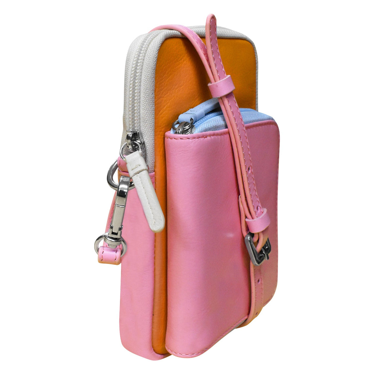 Pink and orange pouch with a strap on a white background