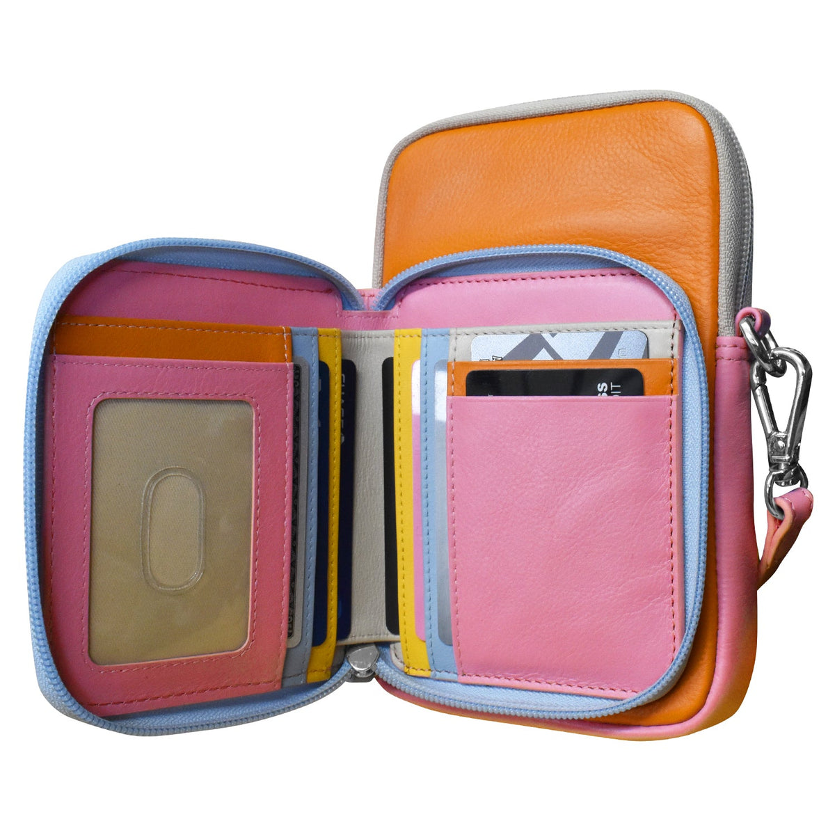 Multicolored wallet with card slots and a phone pocket on a white background