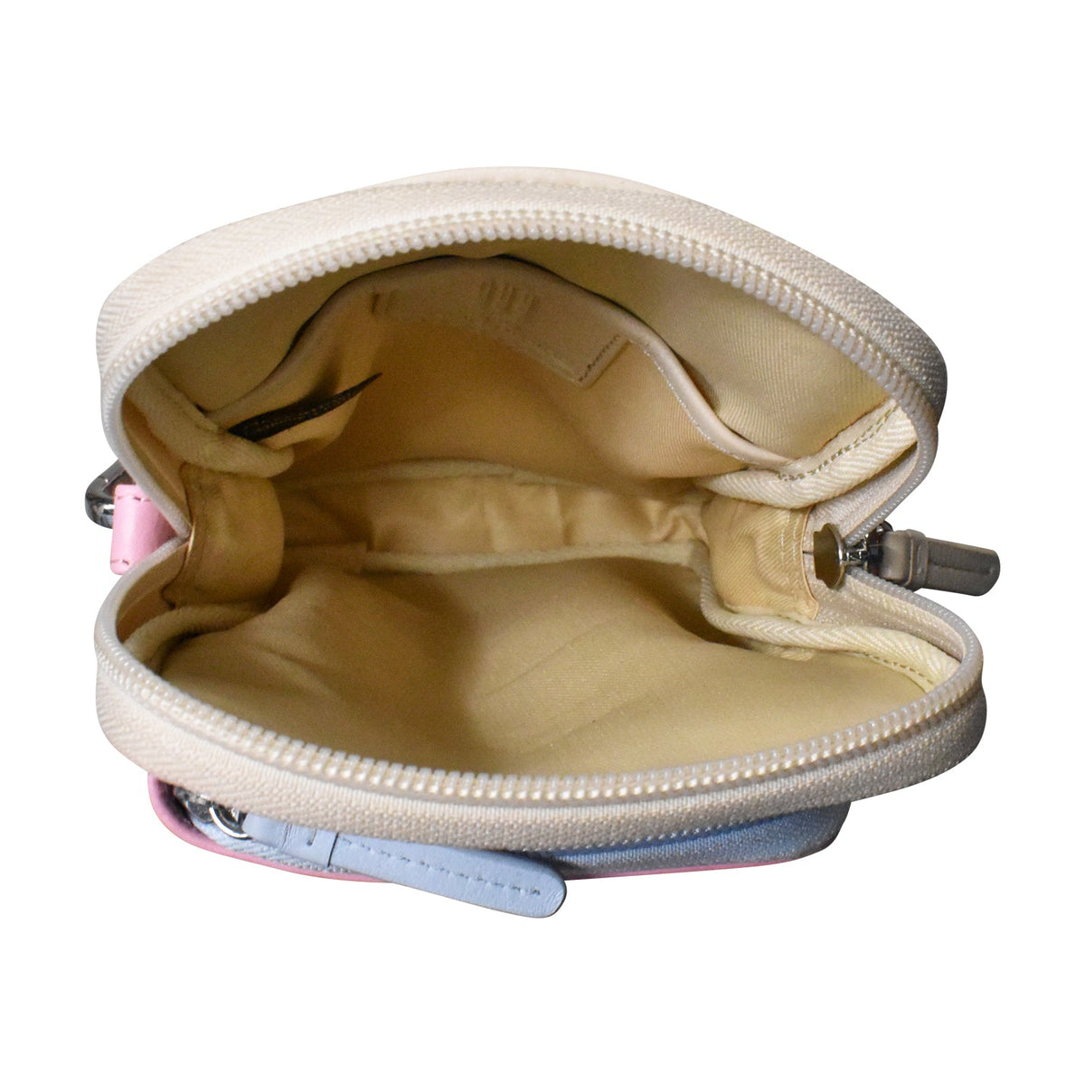 Open beige pouch with a zipper on a white background