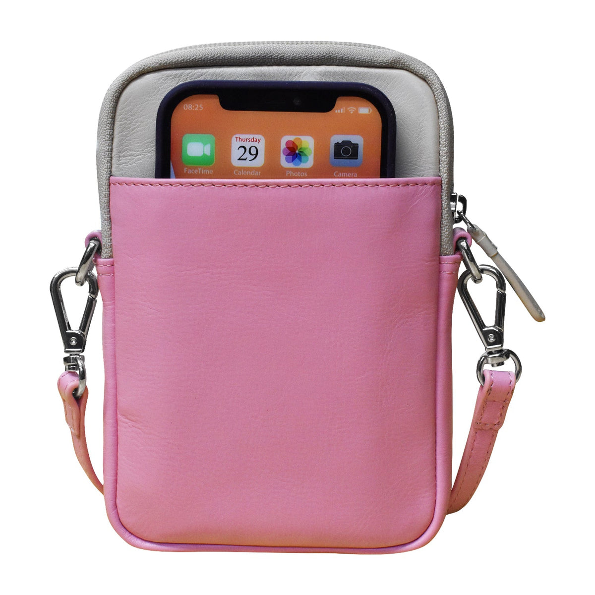 Pink crossbody bag with a phone case on a white background