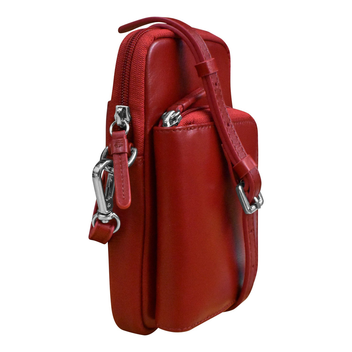 Red leather crossbody bag with silver zippers on a white background