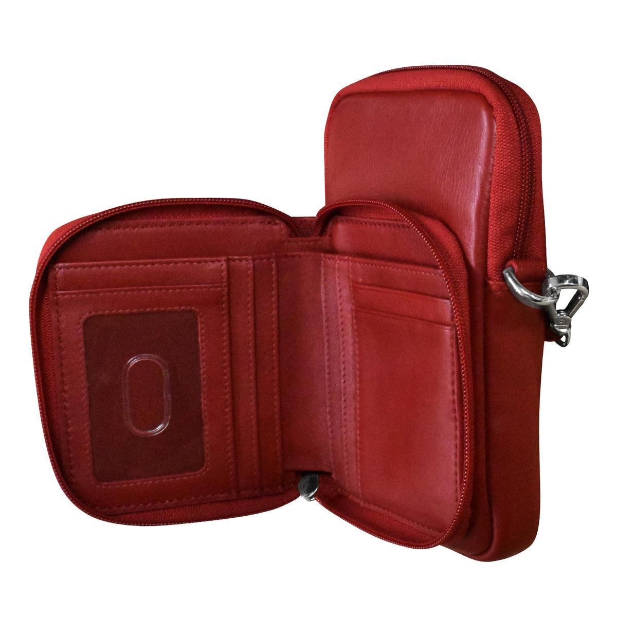 Red leather pouch with a zipper on a white background
