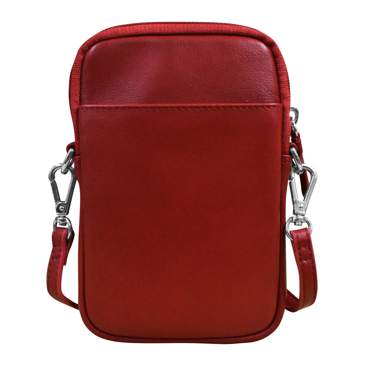 Red leather crossbody bag with silver hardware on a white background