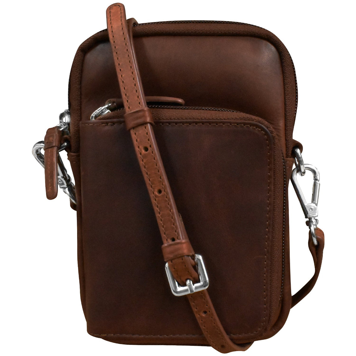 Brown leather crossbody bag with a strap on a white background