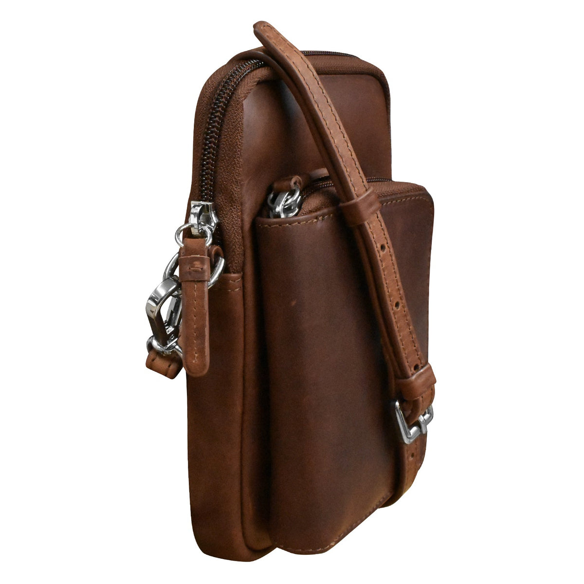 Brown leather crossbody bag with a strap on a white background