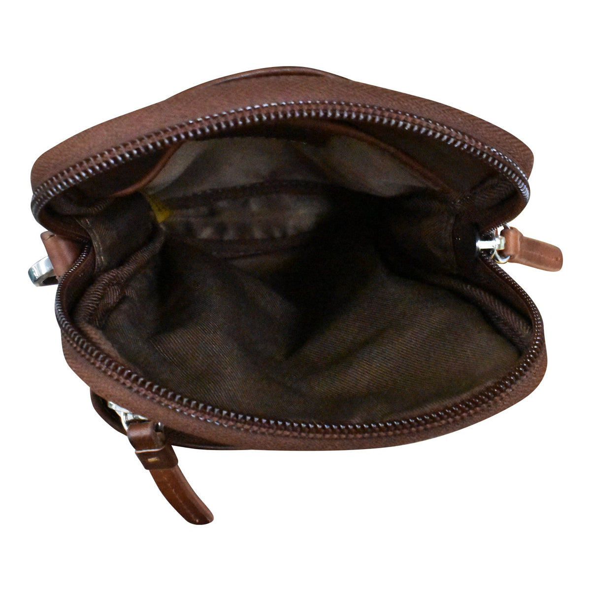 Brown leather pouch with zipper on a white background