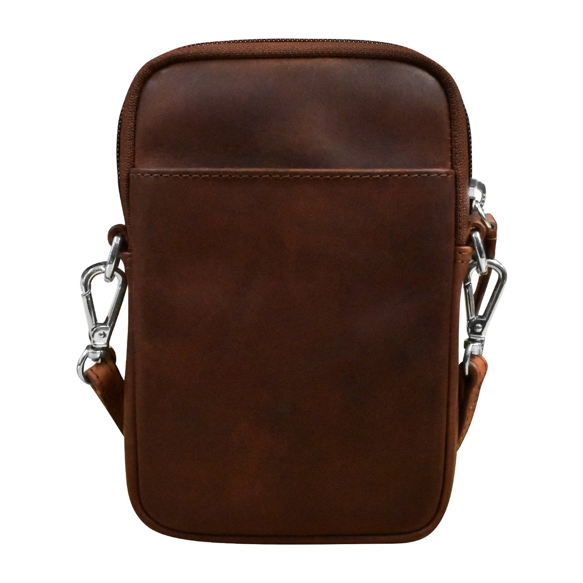 Brown leather crossbody bag with metal clasps on a white background