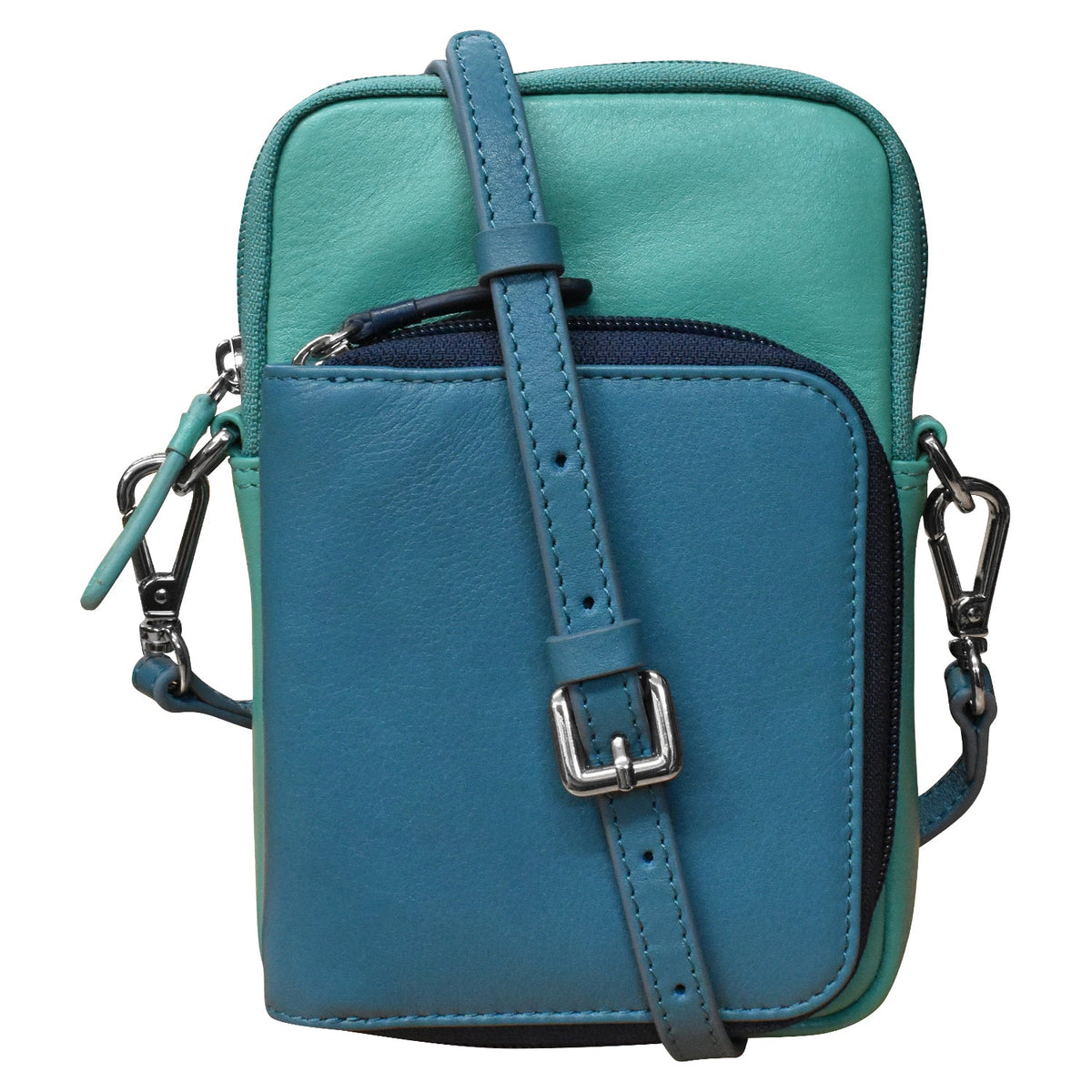 Blue and green crossbody bag with a strap on a white background