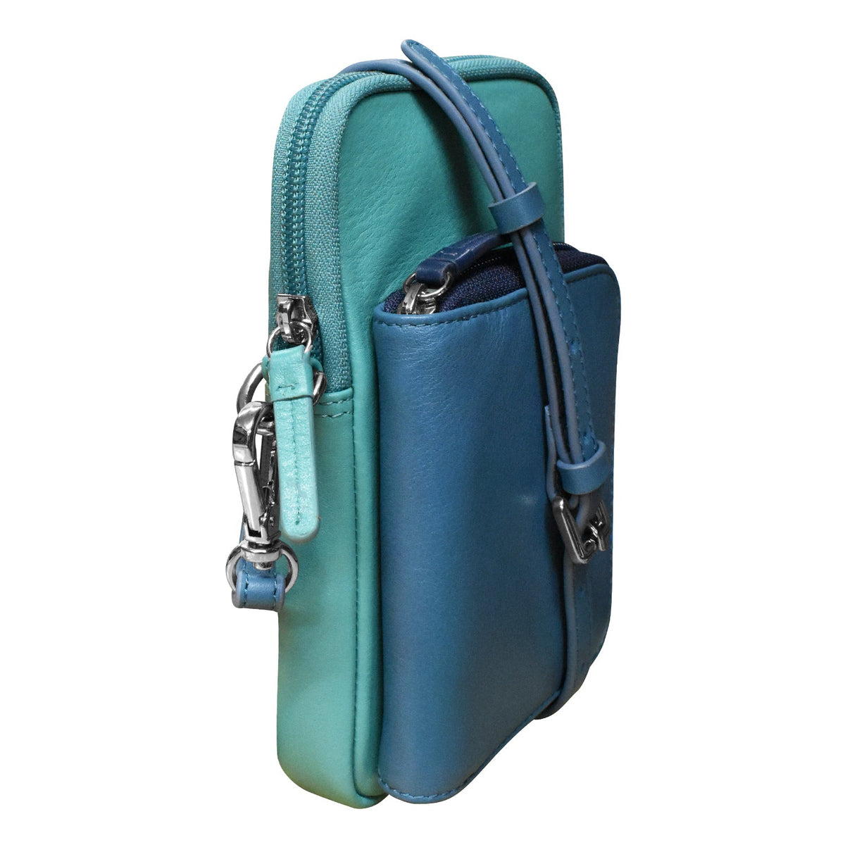 Blue leather crossbody bag with a strap on a white background