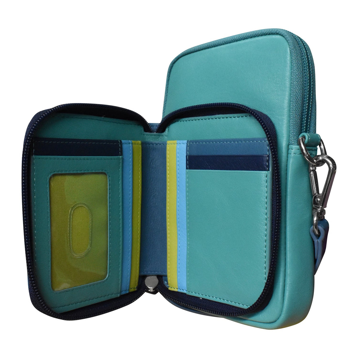 Teal zippered pouch with interior compartments on a white background