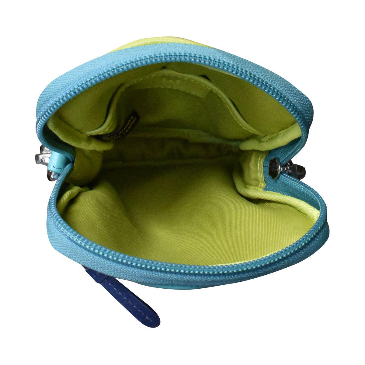 Small round pouch with blue zipper and green interior on a white background