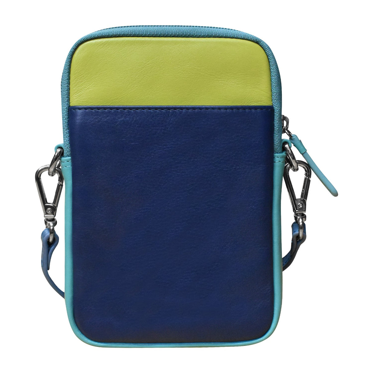 Blue and green crossbody bag on a white background