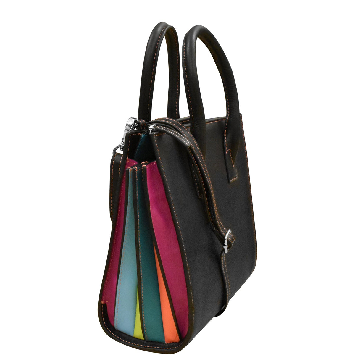 Black handbag with colorful striped interior on a white background