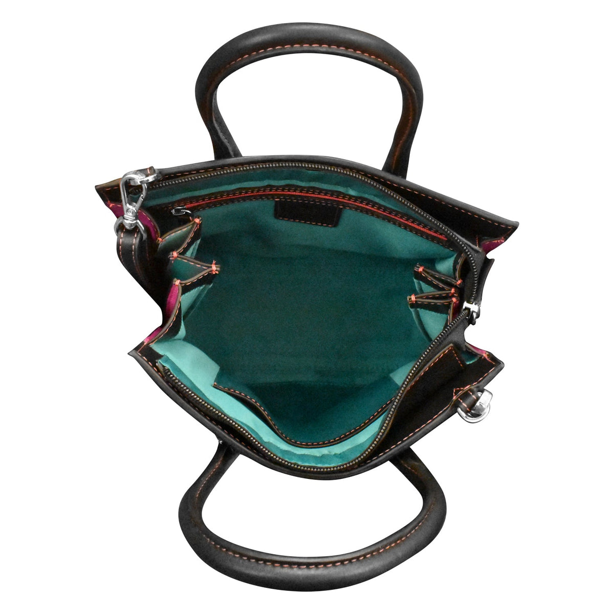 Black handbag with teal interior on a white background