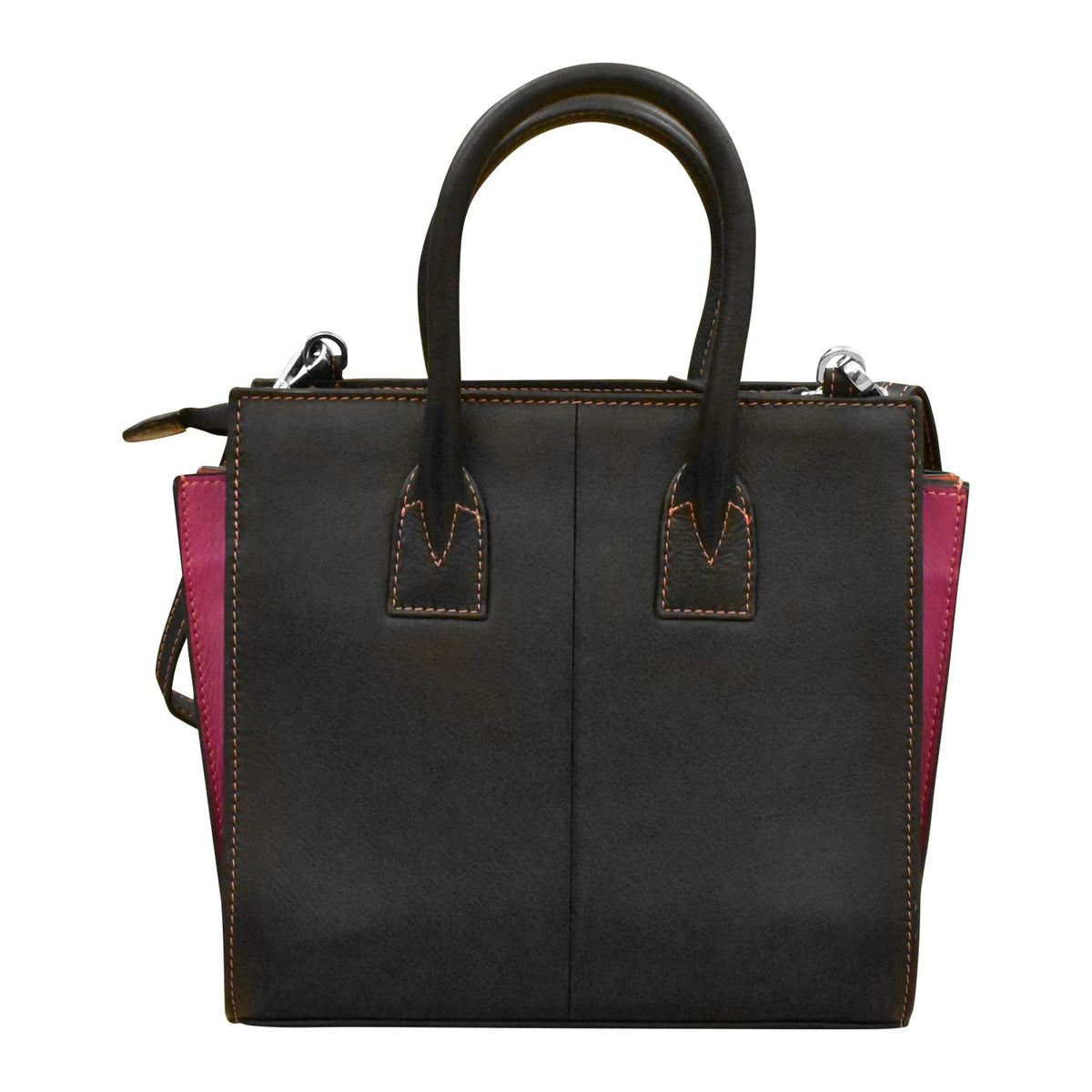 Black leather handbag with pink interior on a white background