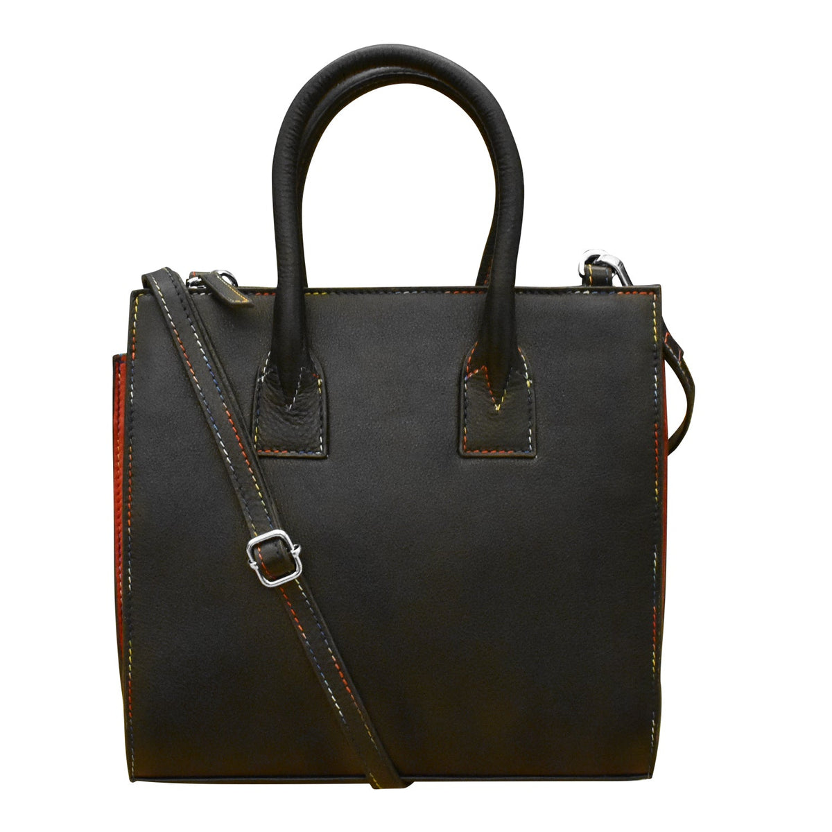 Black leather handbag with a shoulder strap on a white background