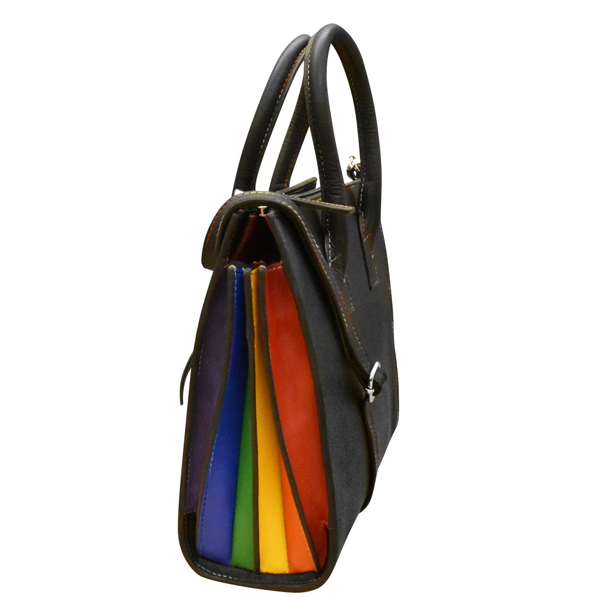 Black handbag with rainbow interior on a white background