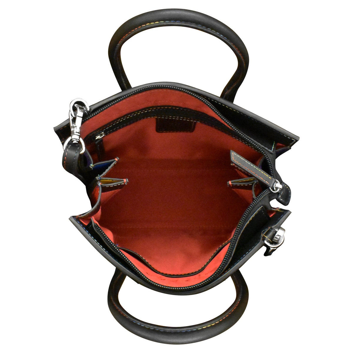 Black handbag with red interior on a white background