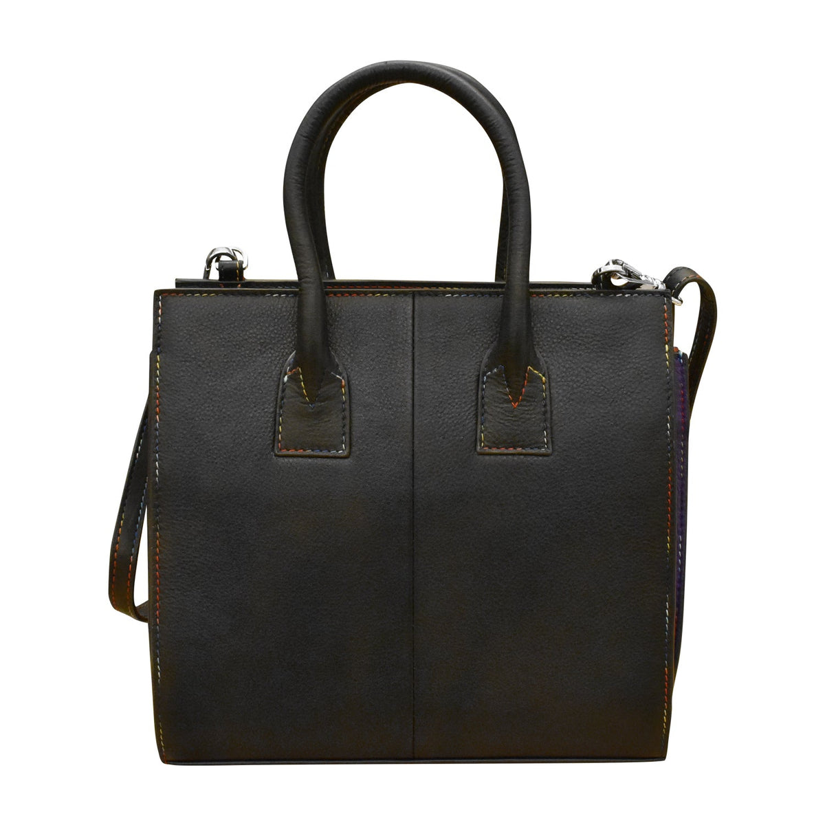 Black leather handbag with handles on a white background