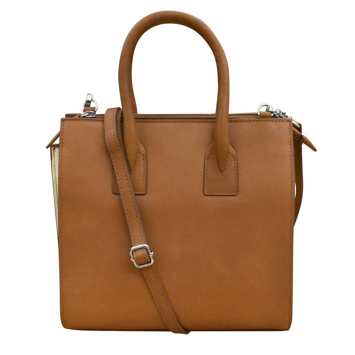 Brown leather handbag with a shoulder strap on a white background