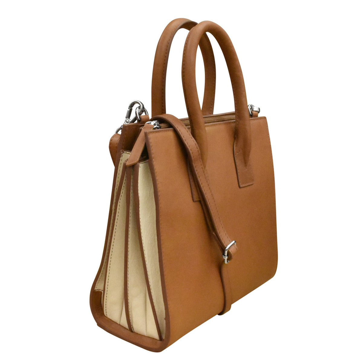 Brown handbag with beige interior on a white background
