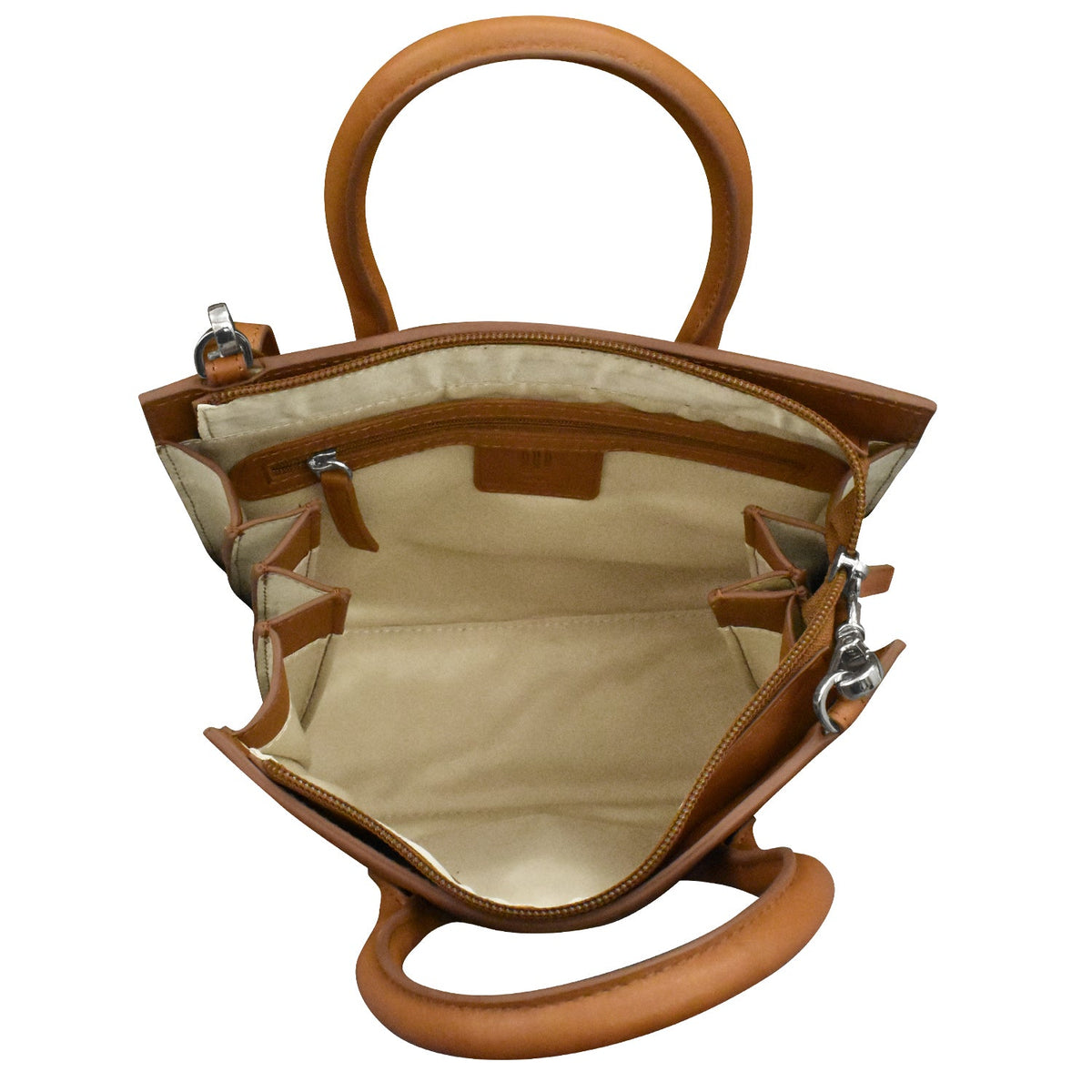 Brown leather handbag with open front compartment on a white background