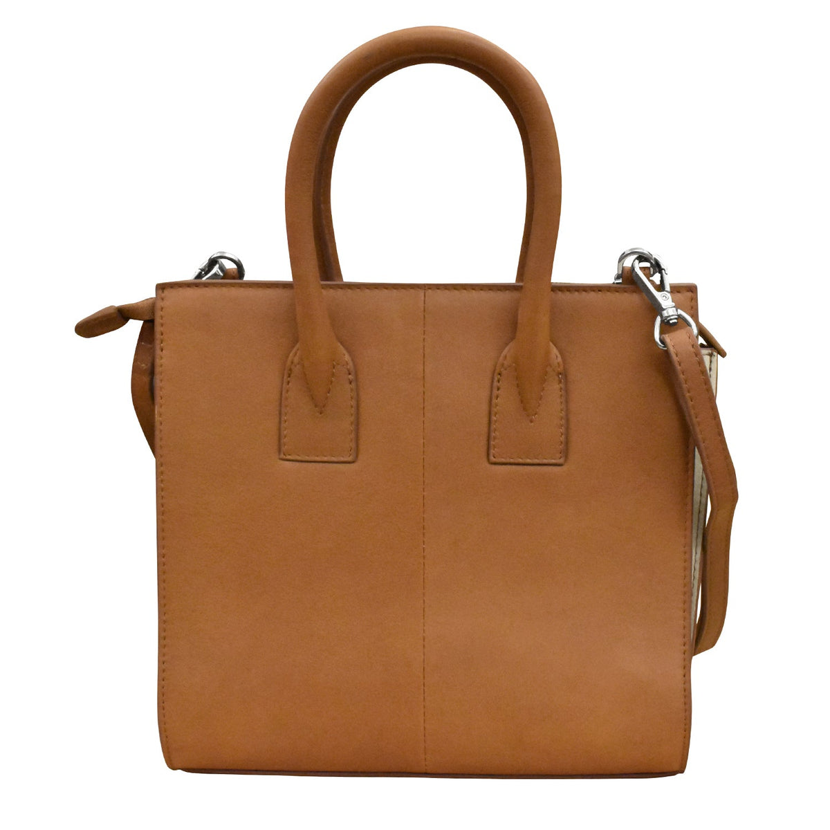 Brown leather handbag with a shoulder strap on a white background