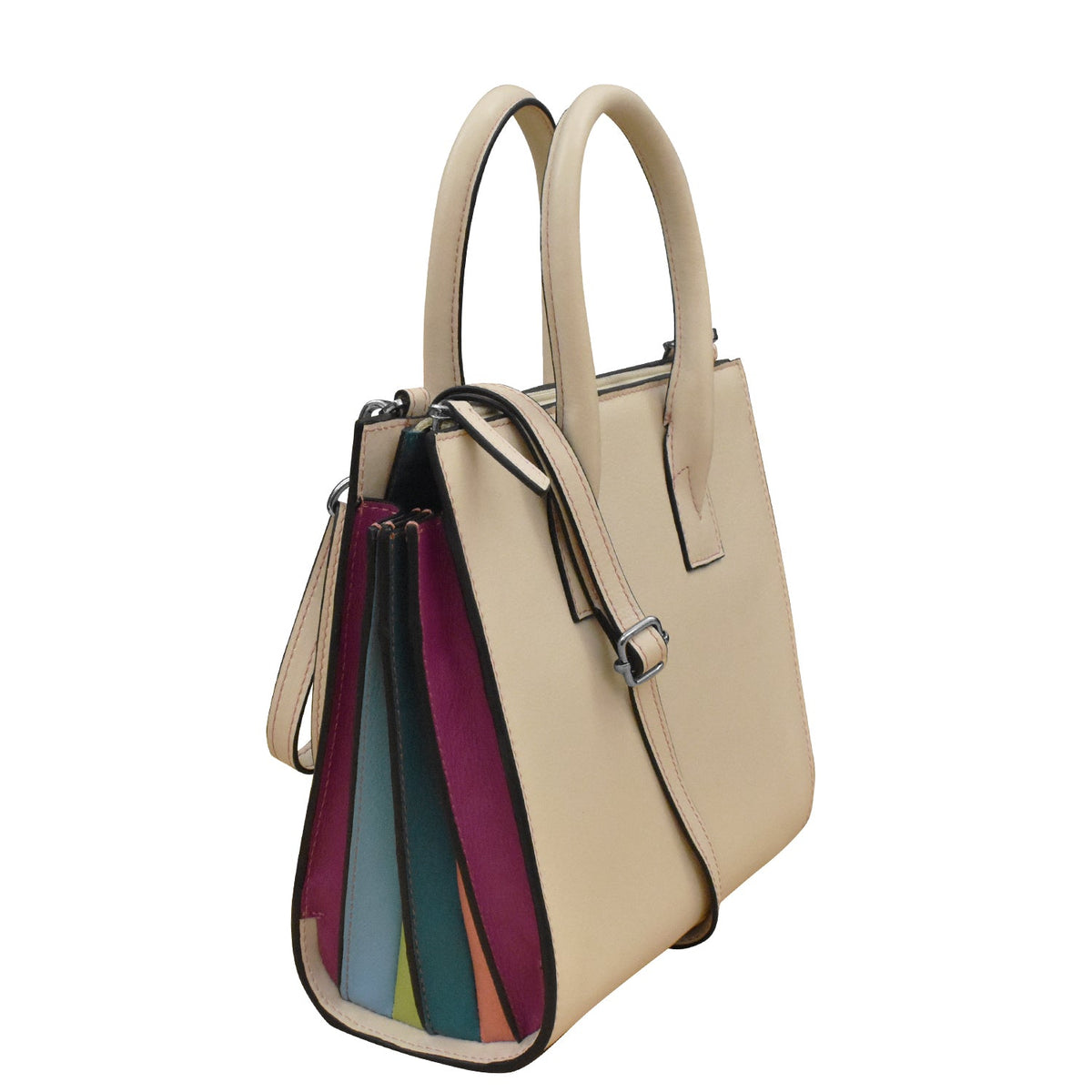 Beige handbag with a colorful interior on a white background