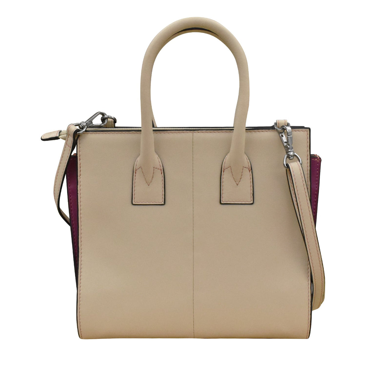 Beige handbag with a contrasting strap on a white background
