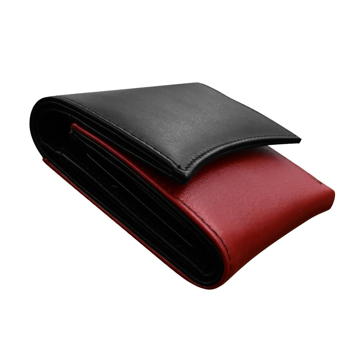Black and red leather wallet on a white background