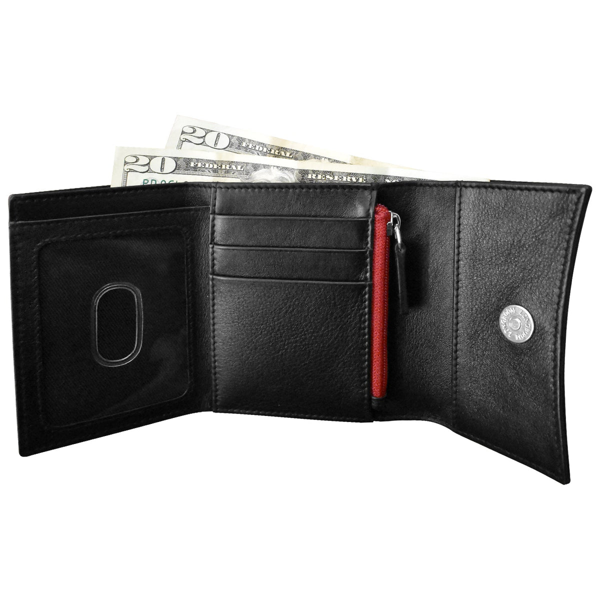 Black leather wallet with money and a red zipper on a white background