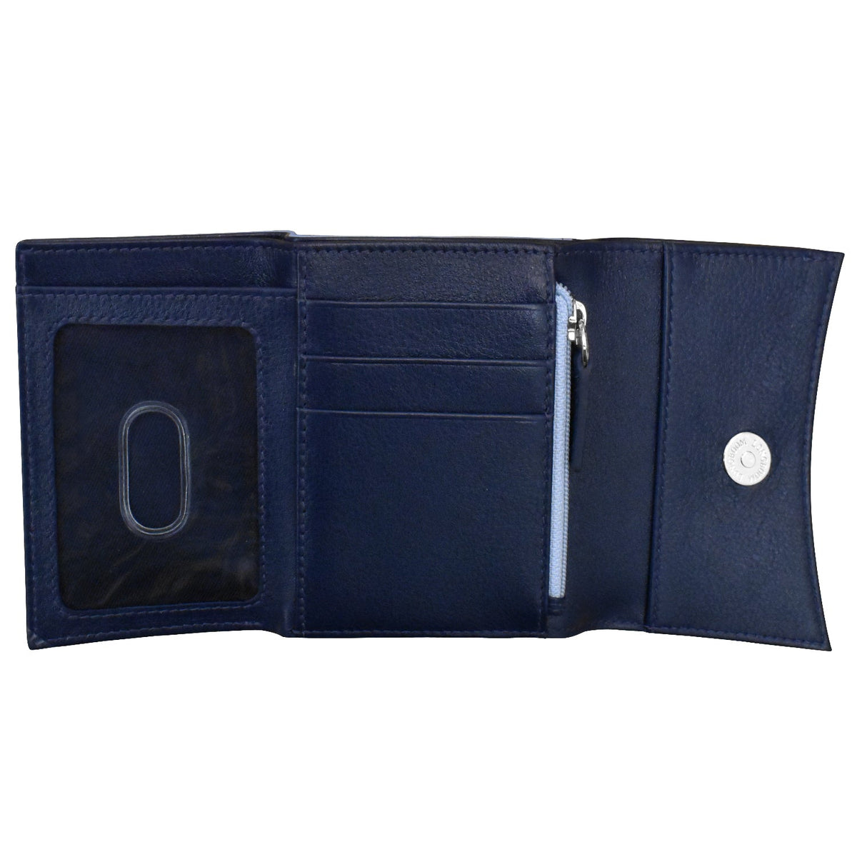 Open navy blue wallet with card slots and a coin pocket on a white background