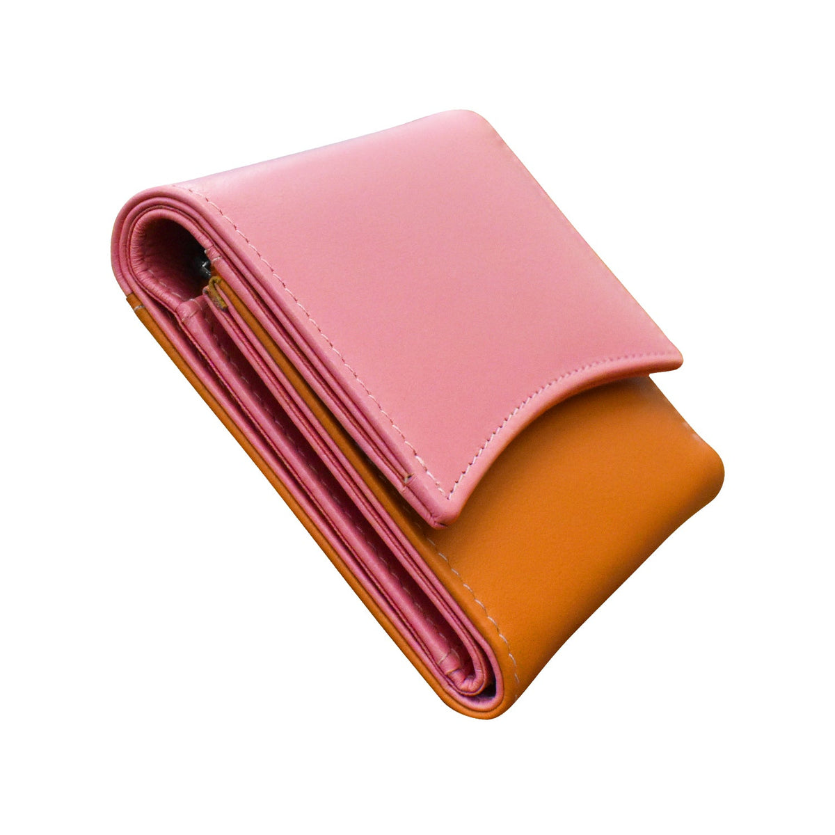 Pink and orange leather wallets on a white background